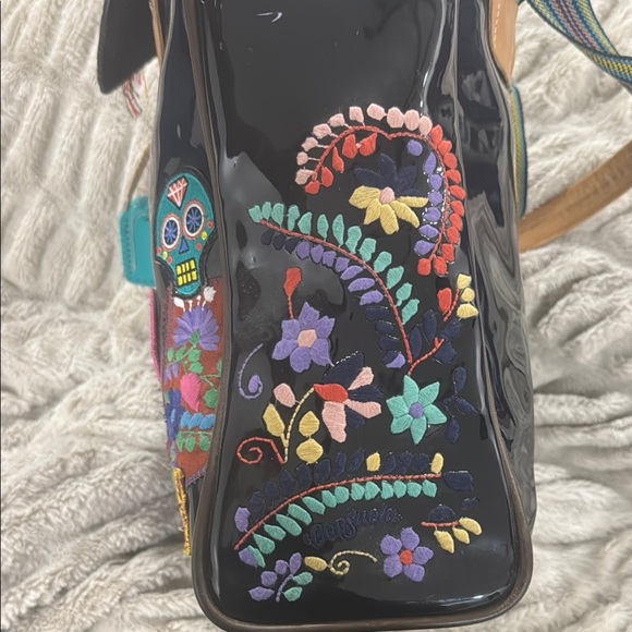 Consuela Black Tote Bag with Colorful Appliqués and Striped Strap - Picture 6 of 12